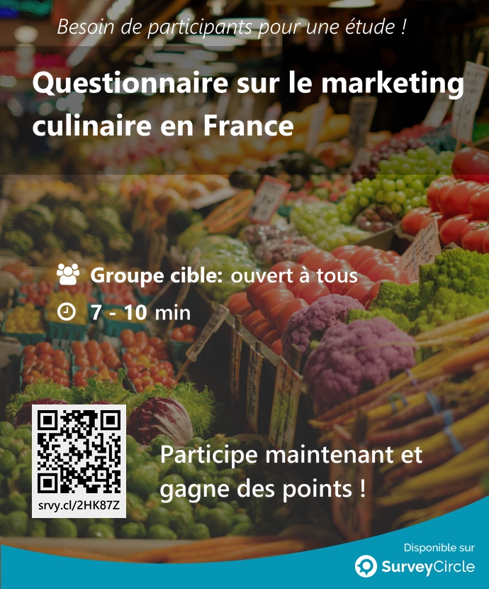 Recherche de participants pour l'étude classée en tête : 'Questionnaire sur le marketing culinaire en France' surveycircle.com/2HK87Z/ via @SurveyCircle #culinaire #gastronomie #alimentation #nourriture #enquête #surveycircle