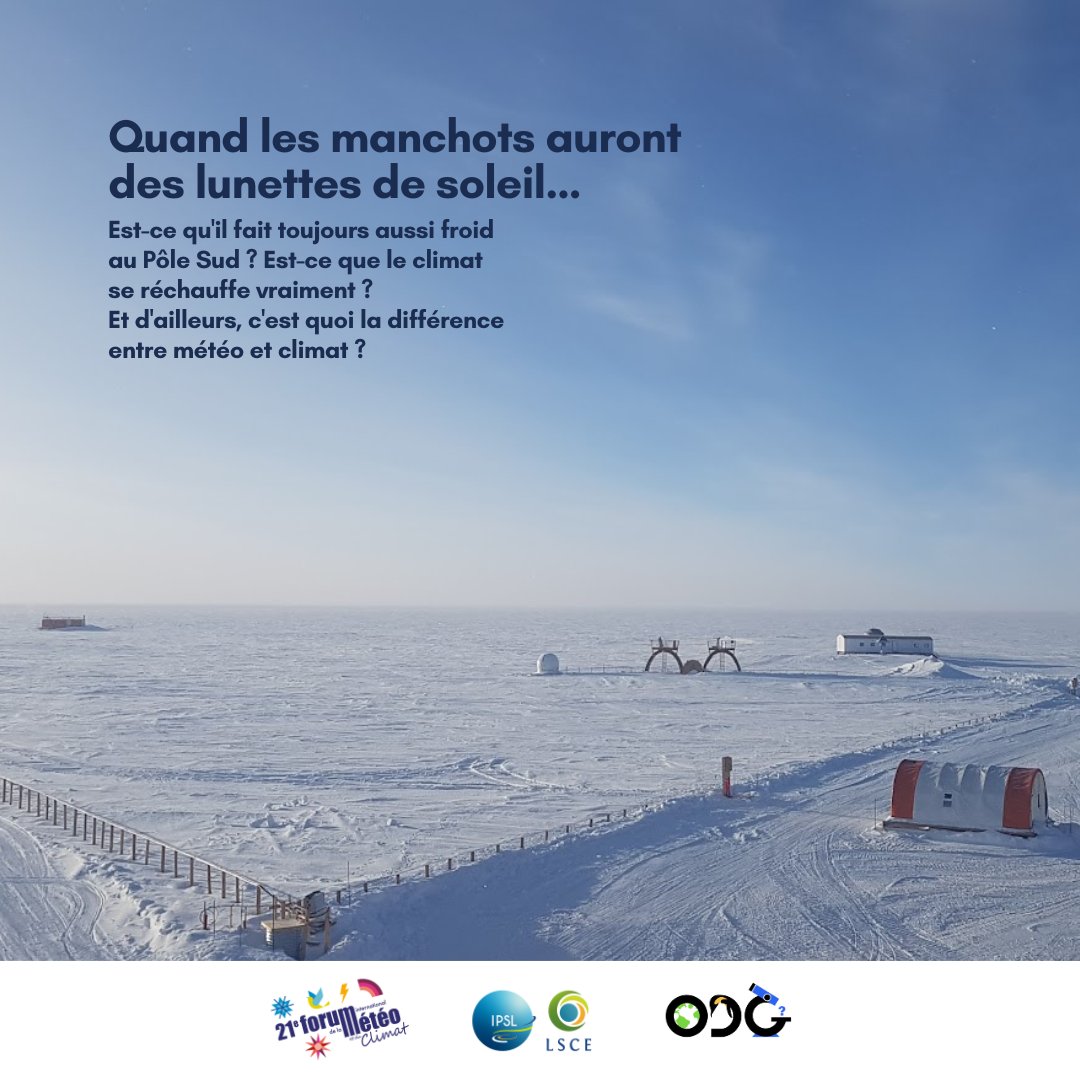 IPSL_outreach's tweet photo. 📢 FIMC 2024
🗓️01/06/2024 (13h-18h)
Quand les manchots auront des lunettes de soleil…
Est-ce qu’il fait toujours aussi froid au Pôle Sud ? C’est quoi la différence entre météo et climat ?
@LSCE_IPSL
#DEEPICE
@Forumeteoclimat
@Ch_Vannier
@MeteoClimat
@AcademieClimat https://t.co/nsSDsv7xxV