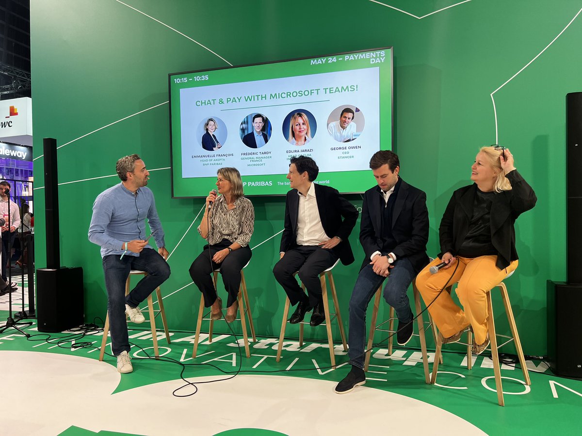 ebaviere's tweet image. A @VivaTech ajd sur le stand de @BNPParibas , présentation de la solution de paiement sur @Microsoft Teams avec Emmanuelle Francois d&apos;@Axepta_bnpp George H. Owen de @wearestancer , Edlira Jarazi de @FLOABank et Frédéric Tardy de @microsoftfrance #embeddedpayment #vivatech