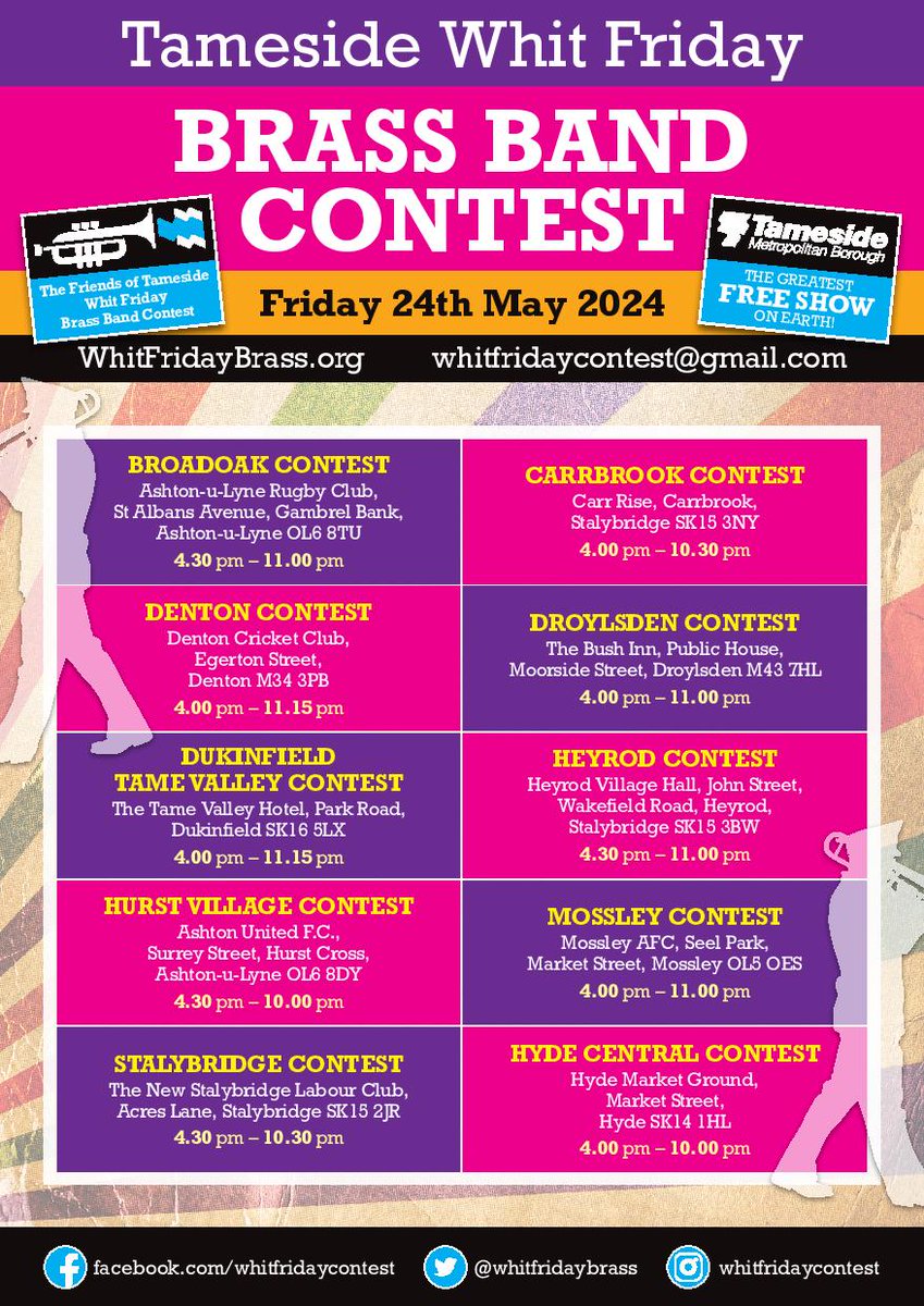 Whit Friday is here and there are 10 Tameside band contests to enjoy this evening and in all parts of the borough.

Come and enjoy the greatest free show on earth.