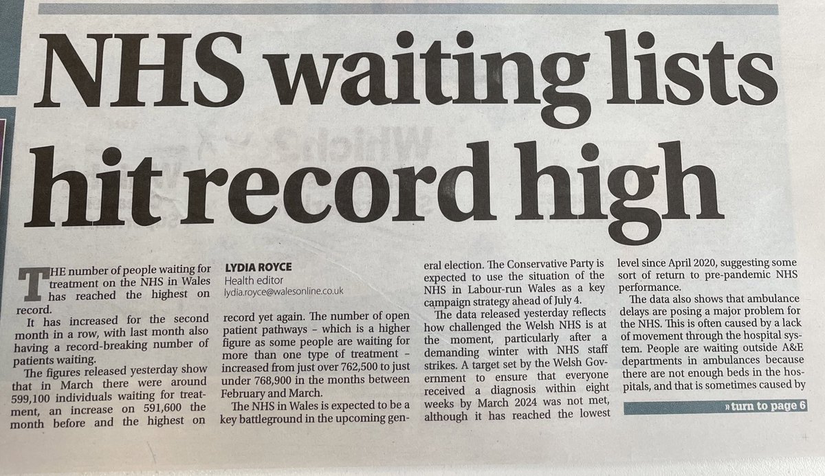 Today’s Western Mail front page. 🚨 Record NHS waiting lists in Labour-run Wales. This is Keir Starmer’s ‘blueprint’ for government. A stark warning of what a Labour government would mean for the rest of the UK.