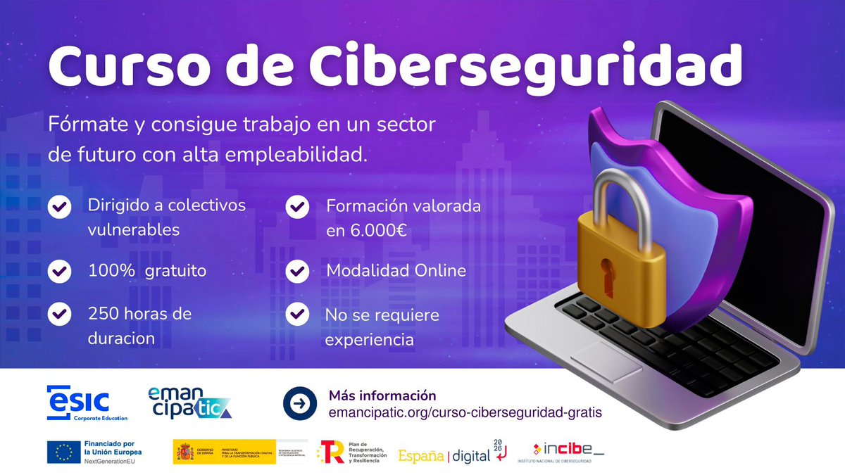 ESIC_University's tweet photo. 📢 ¡No te pierdas la segunda edición del Curso de Ciberseguridad de Emancipatic y ESIC University! 100% #gratuito y dirigido a colectivos vulnerables. Curso #online de 250 horas, comenzando el 17 de junio. Plazas limitadas. Inscríbete aquí: https://t.co/iW4utIQDoP https://t.co/WVPM5XPDIQ