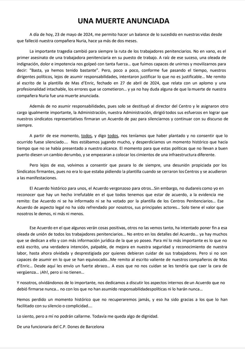 Una compañera de Dones hace este escrito, haciendo un pequeño resumen de cómo cree que se siente parte de la plantilla, ella misma por supuesto, a dia de hoy. #TotsSomNuria #NoALAcord @SamarretesN @MBPresons @AcaipCat @csifpresons #VolemTornarViusACasa