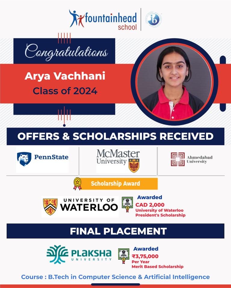 Congratulations to Arya Vachhani for receiving offers from 5 prestigious universities and scholarships from two of them. We're thrilled to see her choose to soar at Plaksha University, diving into a B.Tech in Computer Science & Artificial Intelligence.