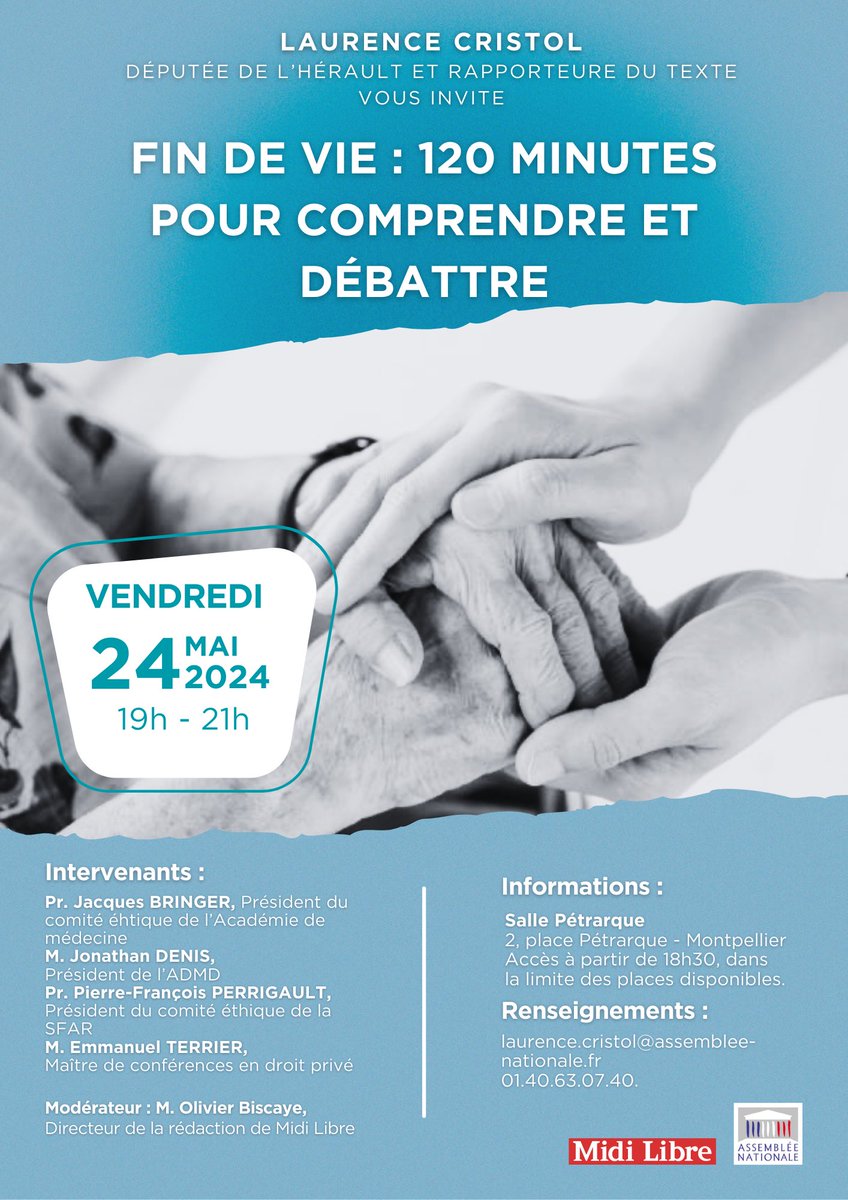 #PJLFindeVie À l’invitation de @LaurenceCristol, députée de l'#Hérault, je serai à 19h à #Montpellier pour une réunion publique sur la #FindeVie : 120 minutes pour comprendre et débattre.

📍 2, place Pétrarque - #Montpellier

J’y porterai les revendication d’@ADMDFRANCE.