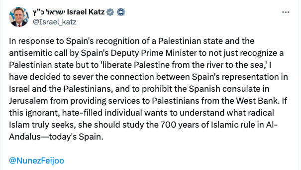 In response to Spain's recognition of Palestine, the Israeli regime has decided to enact further collective punishment against Palestinians, preventing them from accessing Spanish consular services. These are the actions of a sociopathic state.