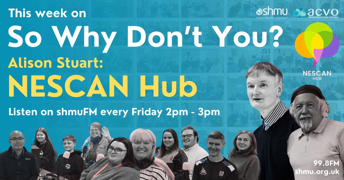 📻 Today on So Why Don't You... 🎙 @Mike_ACVO & Rod welcome @NESCANhub CEO Alison Stuart to the @shmuORG studio! 🎧 Listen to shmuFM today 2-3pm & hear all the latest third sector news in #Aberdeen 🔊 Tune in on 99.8FM or online at shmu.org.uk