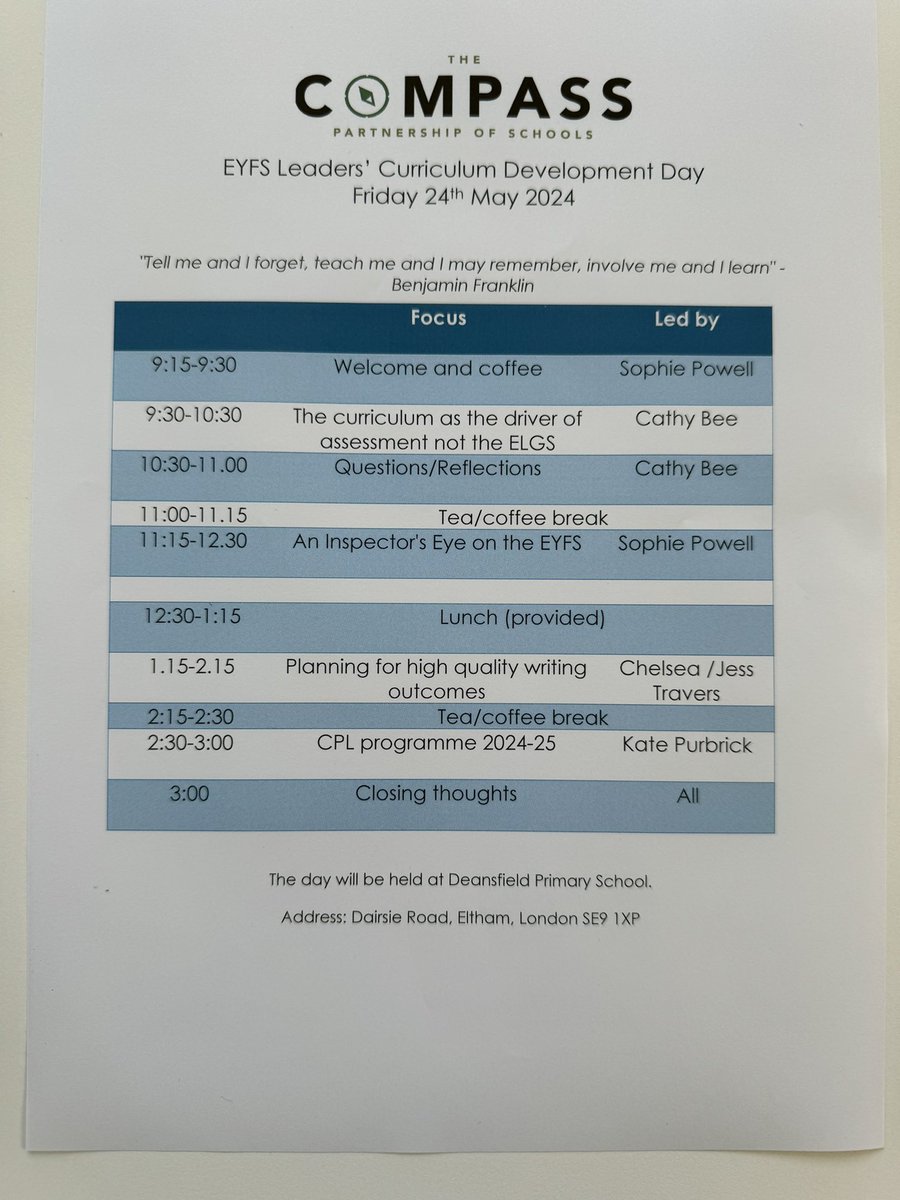 I’m feeling very excited about our <a href="/CompassSchools/">The Compass Partnership of Schools</a> EYFS Curriculum Development Day <a href="/Deansfieldsch/">Deansfield Primary</a> A great agenda planned and I’m looking forward to hearing from the amazing Cathy Bee <a href="/chezlabeille/">Cathy Bee 〓〓</a>