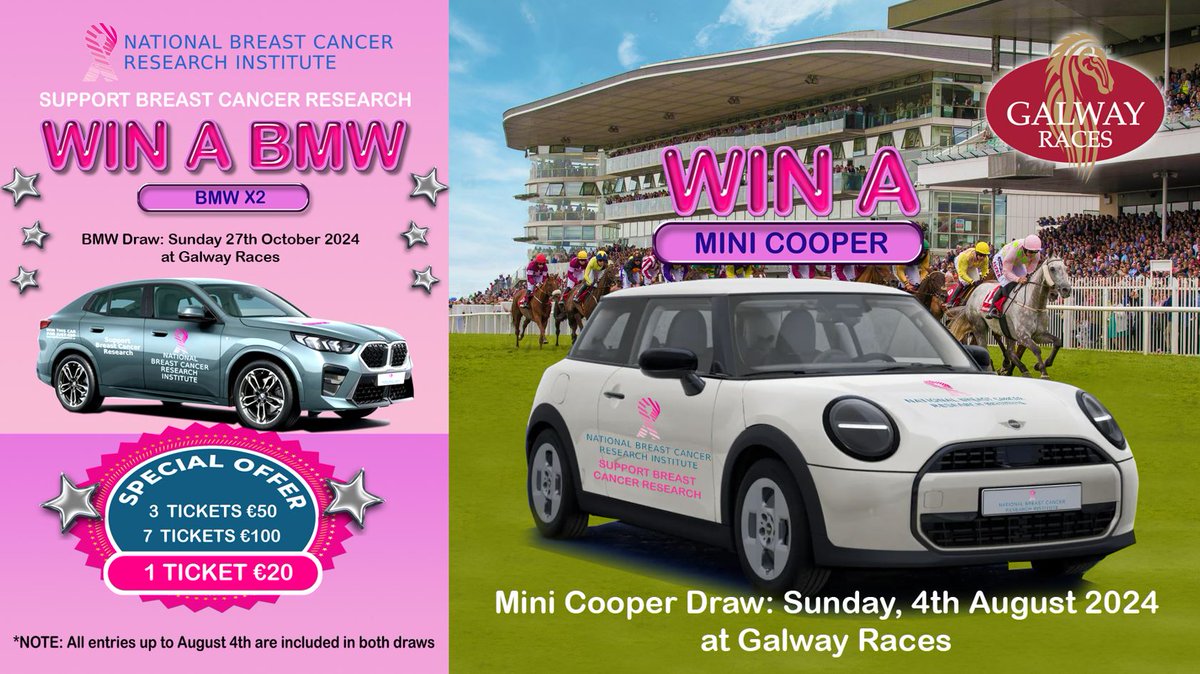 🤯SAY WHAT!!!!!!!!!!!! For as little as €2⃣0⃣ you could WIN a new car at the #GalwayRaces 🎗️All in aid of @BCResearchIre Buy here: winabmw.ie