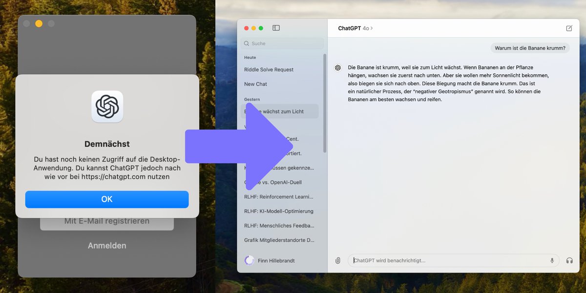 blogmojo's tweet image. Aktuell gibt es noch eine Warteliste für die Mac-App für ChatGPT.

Es gibt jedoch einen einfachen Weg, diese zu umgehen und jetzt schon Zugriff darauf zu bekommen:

1. Mac-App installieren und sich einloggen
2. Die App während des Einloggens mit CMD + Q schließen (in dem Moment,…