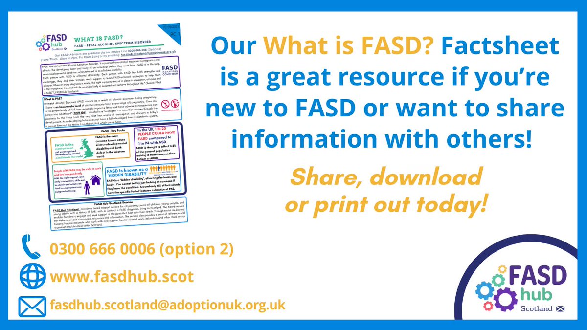 Our What is FASD? factsheet is available to download from our website NOW! It has lots of information about #FASD, as well as prenatal alcohol exposure, associated difficulties and strengths, and how to access the FASD Hub for support: adoptionuk.org/fasd-hub-scotl… #FASD