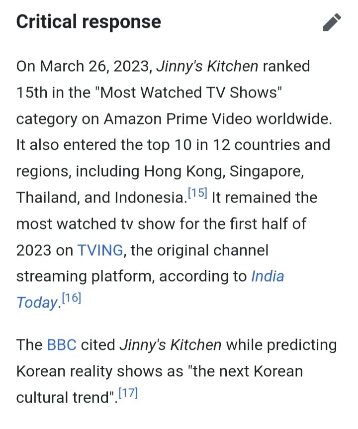 Jinny's Kitchen now has wikipedia page 🔥 That's what been said on critical response section: 'The BBC cited Jinny's Kitchen while predicting Korean reality shows as 'the next Korean cultural trend' 🔥