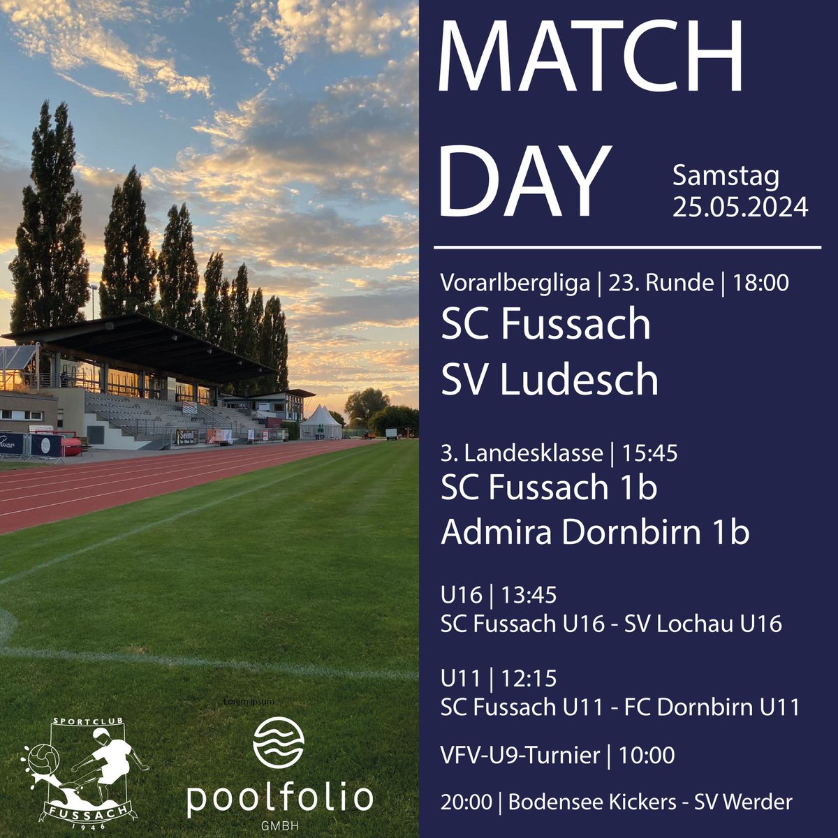 scfussach's tweet photo. Heimspiel-Samstag (25.05.24)

Im Rahmen der 23. Runde der Vorarlbergliga gastiert der SV Ludesch am Samstag um 18:00 Uhr auf der Sportanlage Müss, zudem finden noch vier weitere Spiele sowie ein U9-Turnier statt. Ein dichtgedrängtes Programm steht somit vor der Türe! https://t.co/KaSXED3GvZ