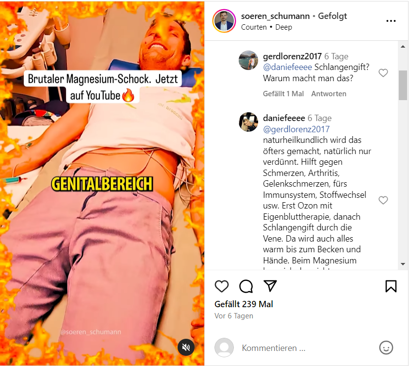 FakeDoctorReal1's tweet photo. #SörenSchumann (der mit den Parasiten) und #MRBroccoli haben nen brutalen Magnesium-Schock im Genitalbereich bei #MITOcare - die neue Heilmethode von Christian Burghardt? Laut Kommis soll Schlangengift noch besser zwirbeln! https://t.co/d5EeEwQKpd