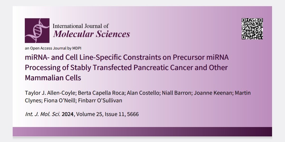 Huge congratulations to @taylorjadeallen on her recent publication on miRNA processing constraints in PaCa cancer cells! @MDPIOpenAccess @scienceirel @SSPCentre @DCU_LSI @PanCanResearch #proudsupervisor #miRNAs #pancreaticcancer