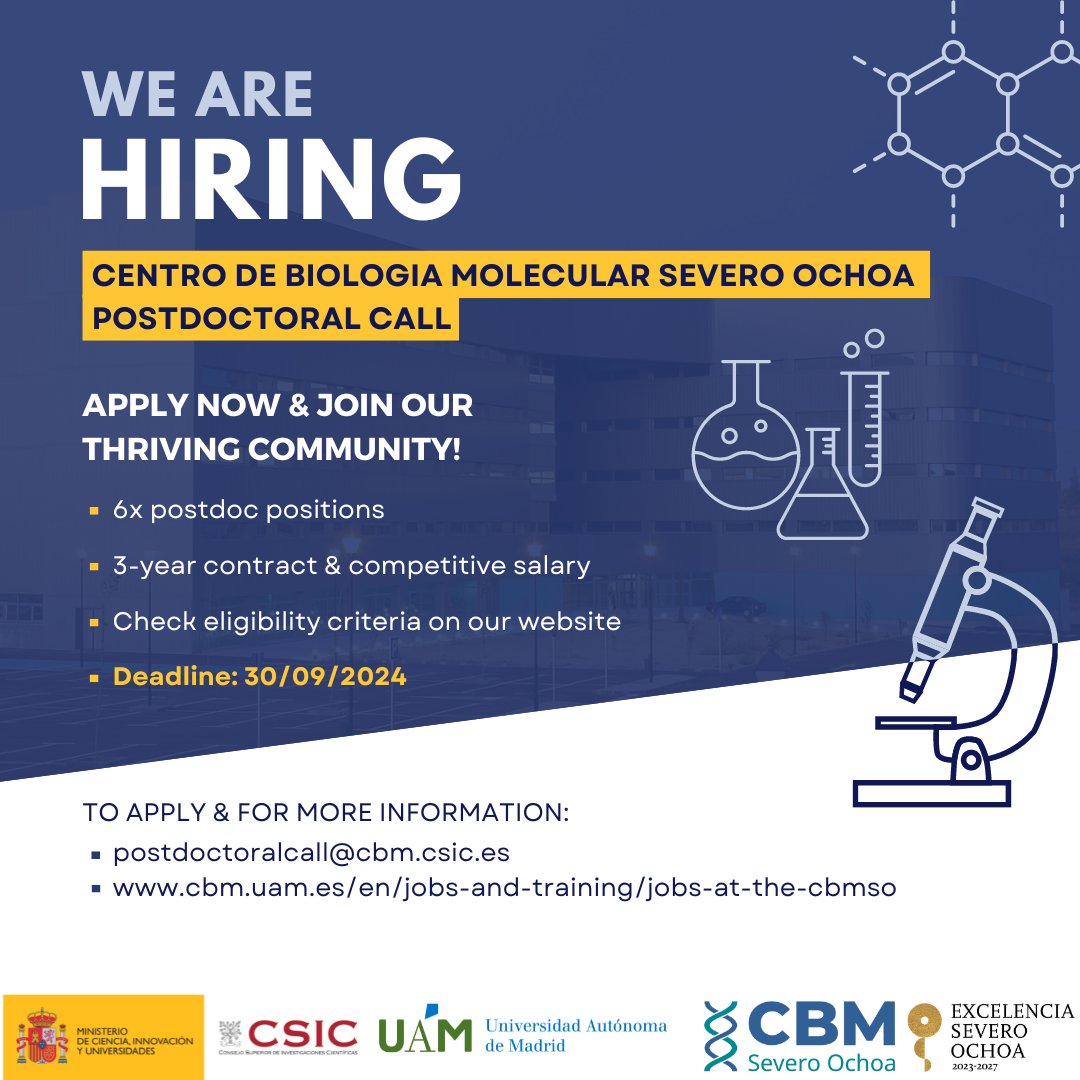 Centro de Biología Molecular Severo Ochoa (@cbm_csic_uam) on Twitter photo 📢¡We are launching the CBM Postdoctoral Call!
Join us for great science, a friendly atmosphere & fantastic conditions with one of these 6 x 3-year positions.
🗓️Deadline: 30/9/24
ℹ️How to apply: bit.ly/postdoccall
📩Questions? postdoctoralcall@cbm.csic.es
#postdoc #jobpost 📢¡We are launching the CBM Postdoctoral Call!
Join us for great science, a friendly atmosphere & fantastic conditions with one of these 6 x 3-year positions.
🗓️Deadline: 30/9/24
ℹ️How to apply: bit.ly/postdoccall
📩Questions? postdoctoralcall@cbm.csic.es
#postdoc #jobpost