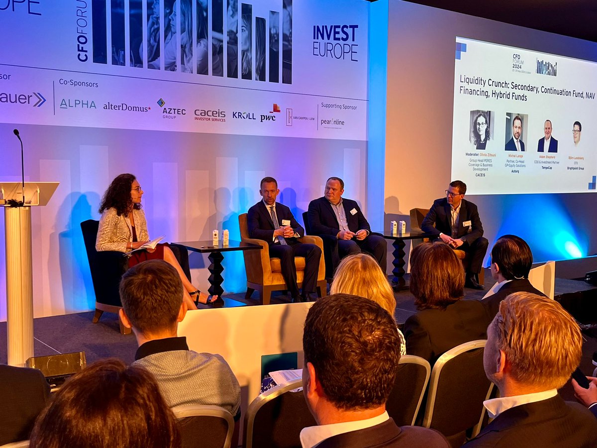 📡  Our first panel of day two of #CFOForum24 looks at the liquidity crunch: Secondary, Continuation Fund, NAV Financing and Hybrid Funds.

With panellists from PERES Coverage &amp; Business Development, <a href="/TempoCap/">TempoCap</a>, Astorg and <a href="/Brightpoint_Gr/">Brightpoint Group</a>

➡️ cfo.investeurope.eu