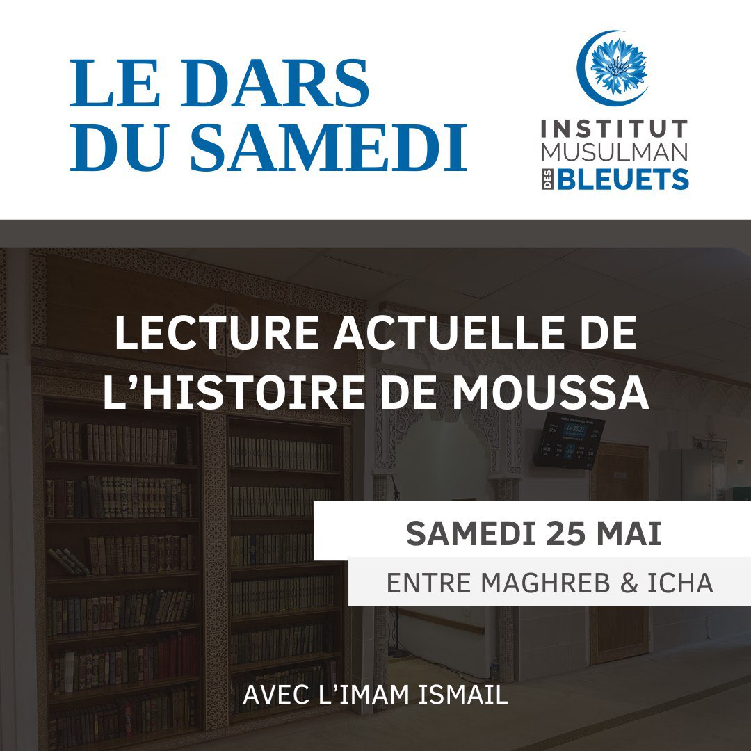 Institutbleuets's tweet photo. As salam aleykoum 😁

Nous vous donnons rdv demain entre maghreb et icha pour un nouveau dars inshaAllah 
L’@imam_ismail13 abordera le sujet suivant : 
Lecture actuelle de l’histoire de Moussa 

Nous comptons sur vous 😉

#islam #rappel #marseille #dars #france https://t.co/wSsyMbcLmg
