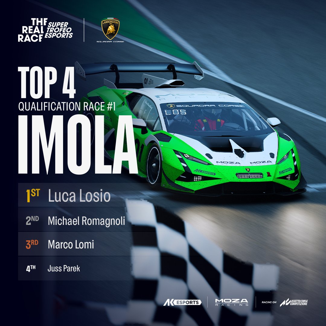 Chequered flag 🏁 Congratulations to our first 4 drivers qualified for The Real Race - Super Trofeo Esports at Imola 🔥 Luca Losio - Michael Romagnoli - Marco Lomi - Juss Parek See you soon with Round #02 Racing on @AC_assettocorsa Competizione @Lamborghini - @LamborghiniSC -