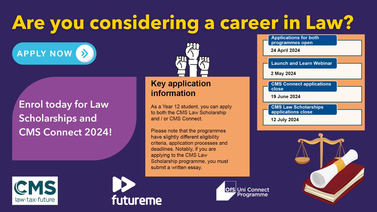 Are you considering a career in Law? Then CMS Scholarships might be exactly what you’re looking for! Open for Year 12 students, this opportunity offers scholarship, mentoring and work experience throughout your time at university. Explore cmsemergingtalent.com/programmes/law…
