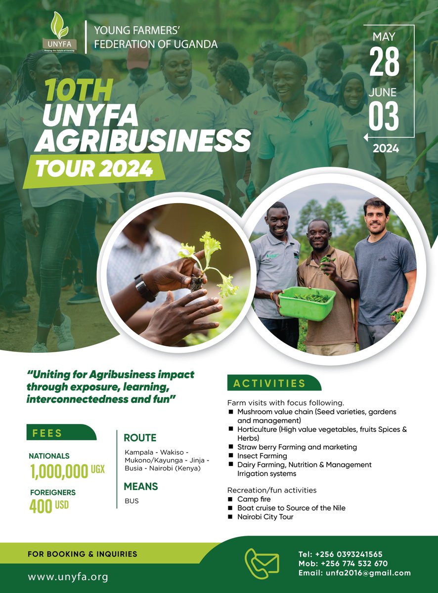 Join us on our #10thAgribusinessTour and explore a diverse range of farms, from small-scale to large-scale innovative farming operations. Learn from experienced farmers and gain valuable insights. Limited spots available! Book now and don't miss out.

Fees:
- Nationals: UGX 1M
-