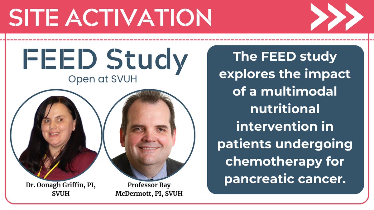 The FEED study, exploring the impact of a multimodal nutritional intervention in patients undergoing chemotherapy for #PancreaticCancer, is now open in @svuh. 👏 Congrats to PI's @RayMcDermott1, @OonaghGriffinRD and the team. Read more: bit.ly/4alHFEU #CancerResearch