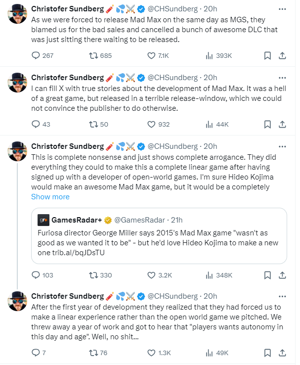 Millera mám rád, ale tohle je (pokud je to pravda) ústřel. Mad Max byl skvělá hra a nesmyslné rozhodnutí vydat jí stejný den jako MGSV bylo pro vývojáře devastující. Typický přístup filmové produkce, která dlouhá léta hry nechápala a přezírala. Zjevně to pokračuje, škoda pro ně.