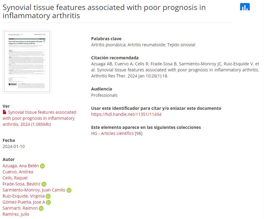 Synovial tissue features associated with poor prognosis in inflammatory arthritis scientiasalut.gencat.cat/handle/11351/1… @hggranollers @recercafphag #Scientia #Openaccess #reumatologia