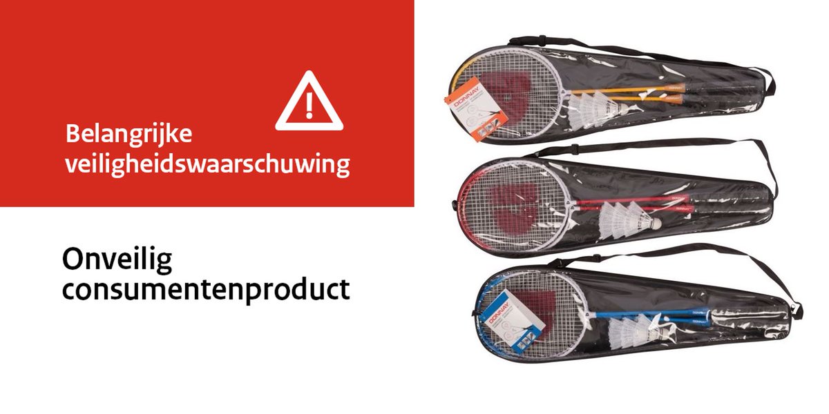 Veiligheidswaarschuwing Donnay Badmintonset van A.I.&E. Het bedrijf A.I.&E. waarschuwt hiervoor. De verpakking/tas bevat te veel cadmium. Dit is schadelijk voor de gezondheid. Gebruik het product niet. edco.nl/nl/veiligheids…