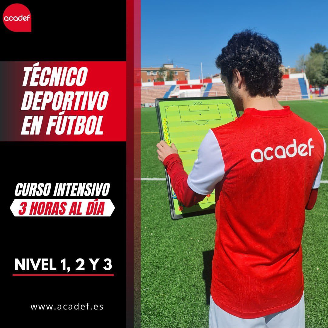 ¡Transforma tu pasión por el fútbol en tu trabajo con Acadef! ⚽️
Nuestro intensivo te convierte en entrenador de fútbol con solo 3 h/día. 
En Acadef, somos líderes en la formación deportiva, con los mejores profesores y una metodología práctica que te prepara para ser entrenador.