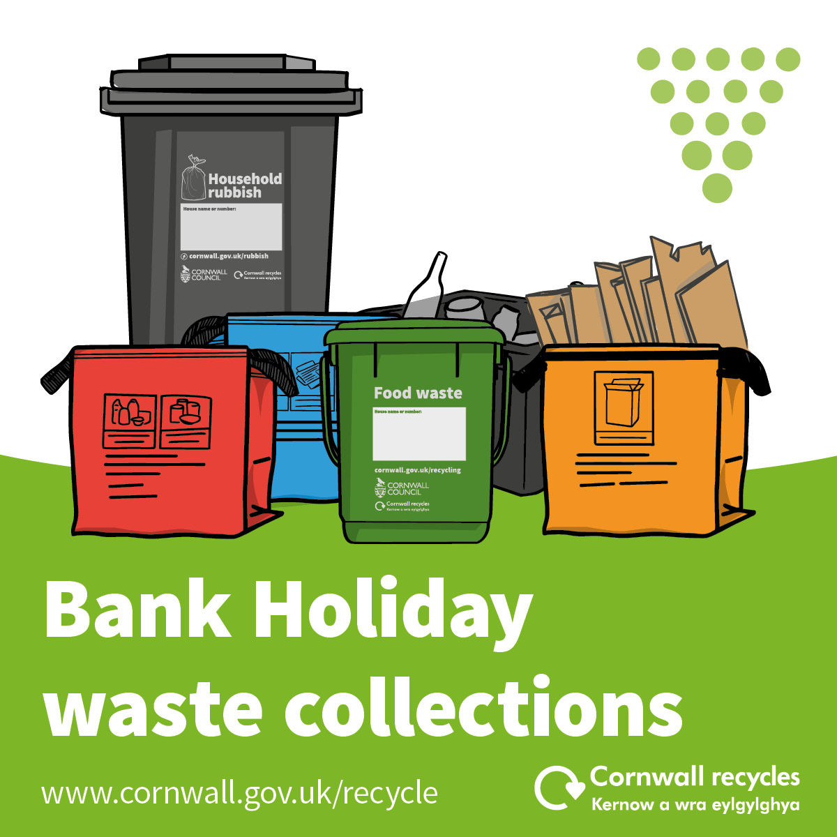 🚛 All waste collections will carry on as usual on bank holiday Monday, May 27.   So if you normally put out your recycling, rubbish or food waste on Mondays, please remember to do it by 7am.  Household waste and recycling centres are open that day too.