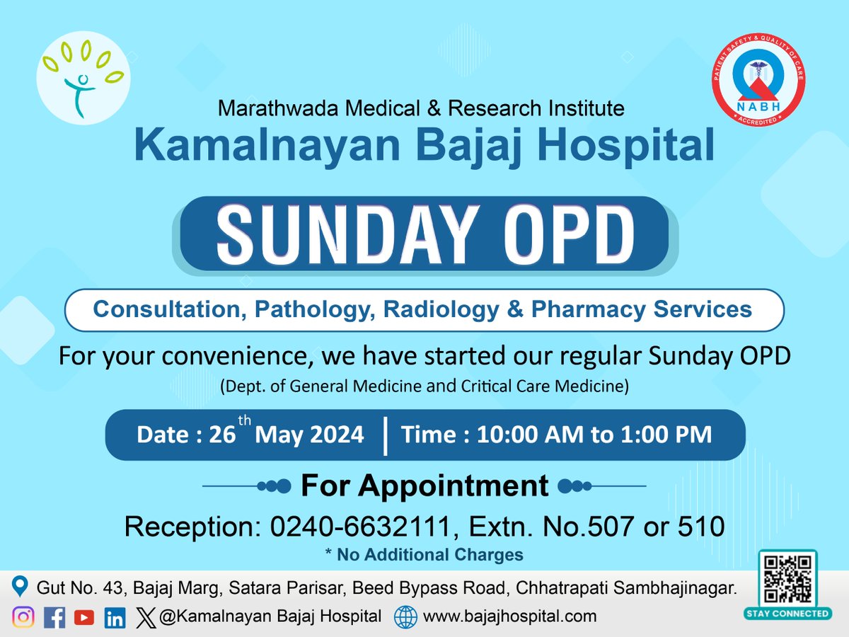 🌟 Sunday OPD Now Open Regularly! Kamalnayan Bajaj Hospital’s Sunday OPD services available on May 26th, 2024! (Dept. of General Medicine & Critical Care Medicine) Time: 10:00 AM to 1:00 PM 📞For Appointments: Call Reception at 0240-6632111, Extension No.507 or 510 #SundayOPD