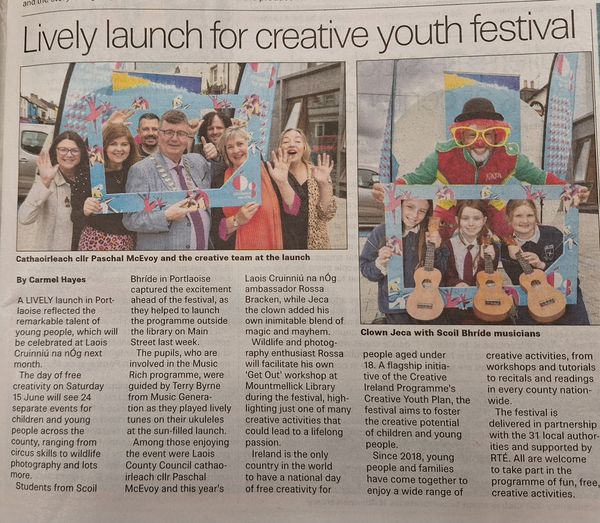 Creative Laois (@creativelaois) on Twitter photo Many thanks to the Laois Nationalist and Leinster Express for their great coverage of our recent launch of #CruinniúnanÓg 2024.
We will be posting regular updates here in the coming days & weeks so stay tuned
<a href="/LaoisNews/">Leinster Express / Laois Live</a> <a href="/LaoisToday/">Laois Today</a> <a href="/creativeirl/">Creative Ireland</a> <a href="/LaoisLibraries/">Laois Libraries</a> <a href="/LaoisCouncil/">Laois County Council</a> Many thanks to the Laois Nationalist and Leinster Express for their great coverage of our recent launch of #CruinniúnanÓg 2024.
We will be posting regular updates here in the coming days & weeks so stay tuned
<a href="/LaoisNews/">Leinster Express / Laois Live</a> <a href="/LaoisToday/">Laois Today</a> <a href="/creativeirl/">Creative Ireland</a> <a href="/LaoisLibraries/">Laois Libraries</a> <a href="/LaoisCouncil/">Laois County Council</a>