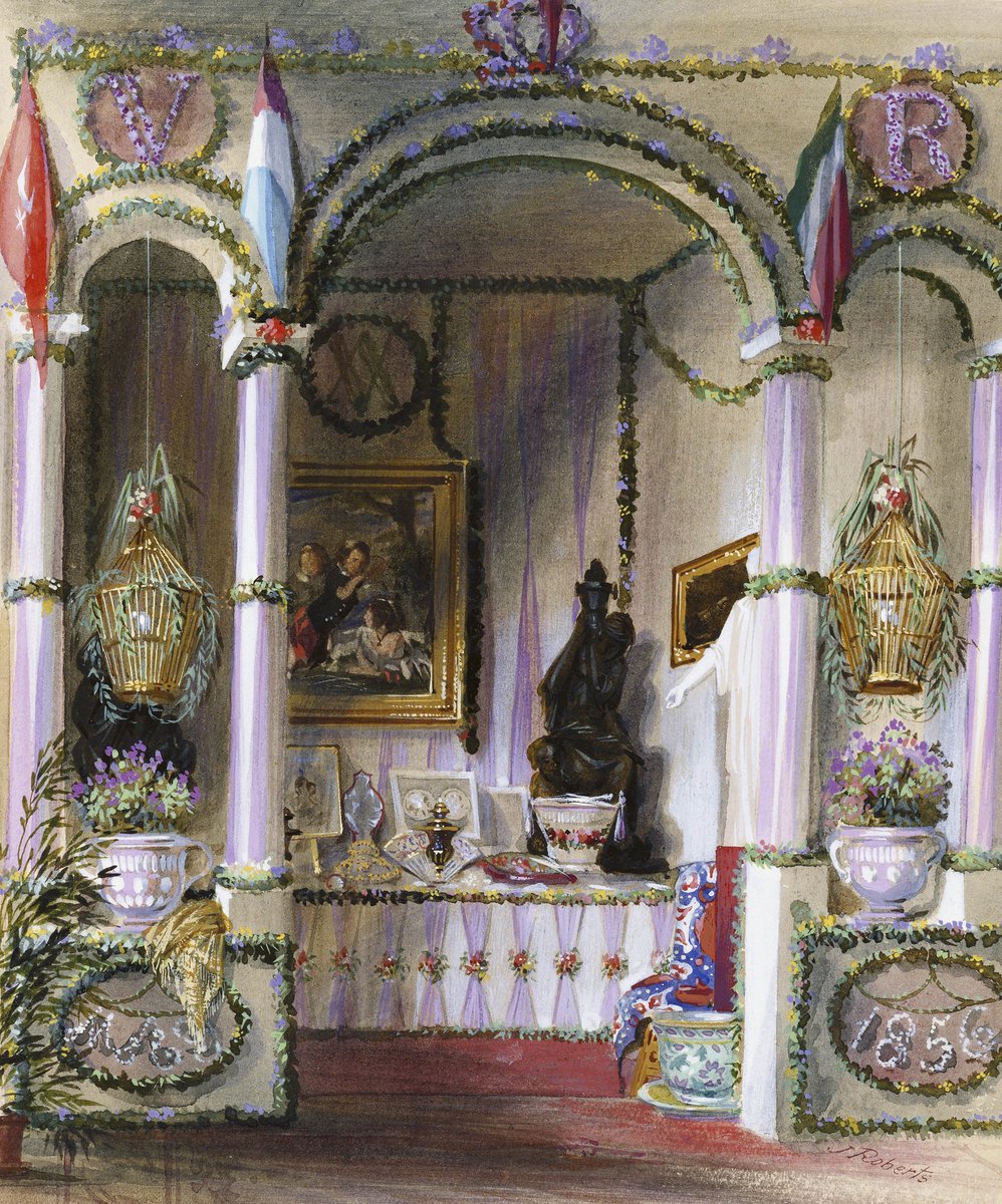 Queen Victoria was born #OTD in 1819. Her birthday table of gifts for her 37th birthday included this fan made by her eldest daughter (then aged 15). The fan is visible in the centre of the watercolour just behind a dark coloured vase. bit.ly/4bK1OFB