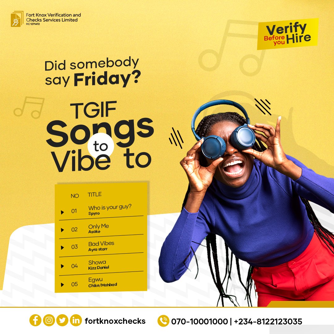 Which of these songs are you vibing to?

#TGIF #HappyWeekend #CheersToTheWeekend