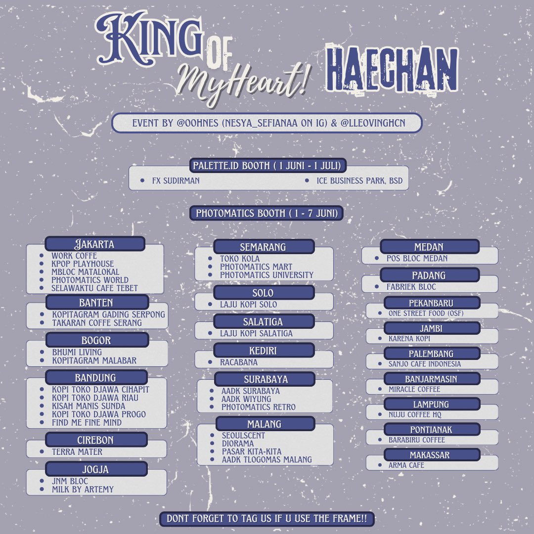 👑 𝙆𝙄𝙉𝙂 𝙊𝙁 𝙈𝙔 𝙃𝙀𝘼𝙍𝙏, 𝙃𝘼𝙀𝘾𝙃𝘼𝙉 👑 Haechan birthday photobooth event by @oohnes x @lleovinghcn  ✧ 1-7 Juni (Photomatics booth) ✧ 1 Juni - 1 Juli (Palette booth) Don't forget to tag us, if u use the frame! 🐻