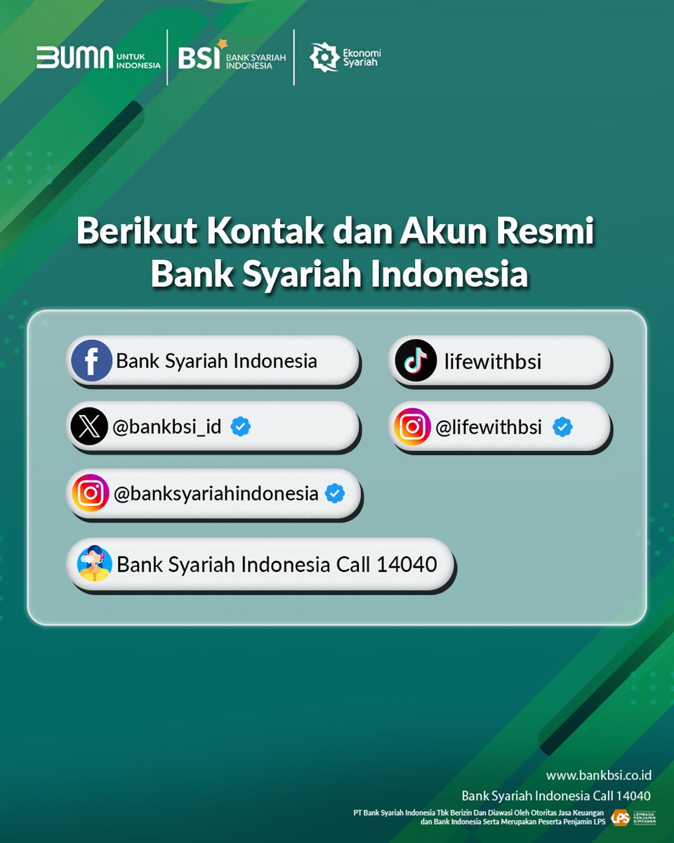 Assalamu'alaikum, Sahabat Syariah!

WASPADA HOAX!
Hati-hati dengan segala bentuk informasi palsu yang beredar dari akun medsos tidak resmi. Informasi yang benar hanya kami sampailan pada akun resmi BSI bercentang biru. 

#BankSyariahIndonesia #BeyondShariaBanking