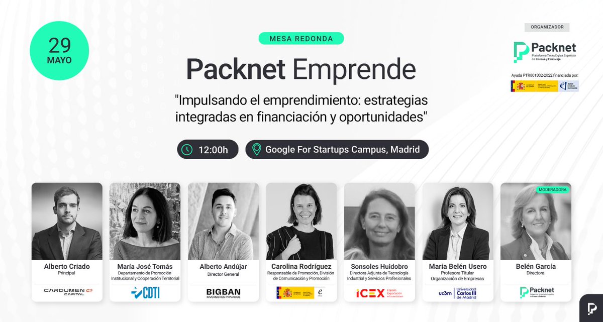 ℹ️ Presentamos la Mesa Redonda de nuestro próximo evento presencial ‘Packnet Emprende’ ▪️ 'Impulsando el #emprendimiento: estrategias integradas en financiación y oportunidades' 🗓️ 29 de mayo 🕞 12:00h 📍Google Campus (Madrid)  _ #EventoPacknet #SomosPacknet #PacknetEmprende