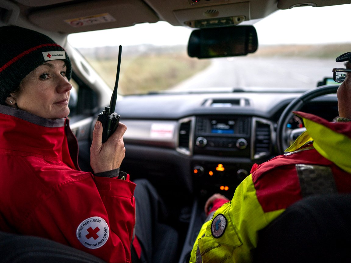 #climatechange made downpours associated with cluster of named #storms in UK and Ireland last autumn/winter 20% more intense, says new <a href="/WWAttribution/">World Weather Attribution</a> rapid analysis; in <a href="/BritishRedCross/">British Red Cross 🧡</a> pic, first responders on the road in Cumbria after Storm Babet- bit.ly/3QZJi42