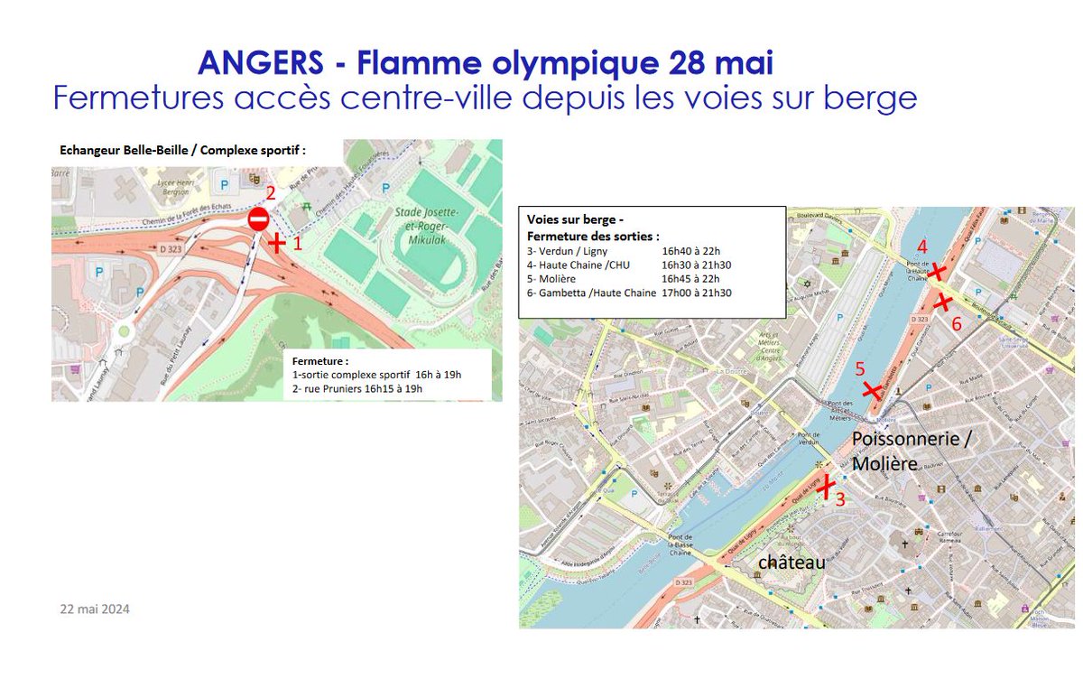 Maine_et_Loire's tweet photo. #inforoutes49 #RelaisDeLaFlamme
@Angers : rues fermées à partir de 17h⤵️. Sorties des voies sur berges vers le centre-ville impactées :
> Stade Mikulak/Montesquieu fermée de 16h à 19h
> Pont Verdun, places Molière/Poissonnerie et Bv Ayrault/pont Haute-Chaîne fermée de 16h à 22h https://t.co/F41gaB5VnO