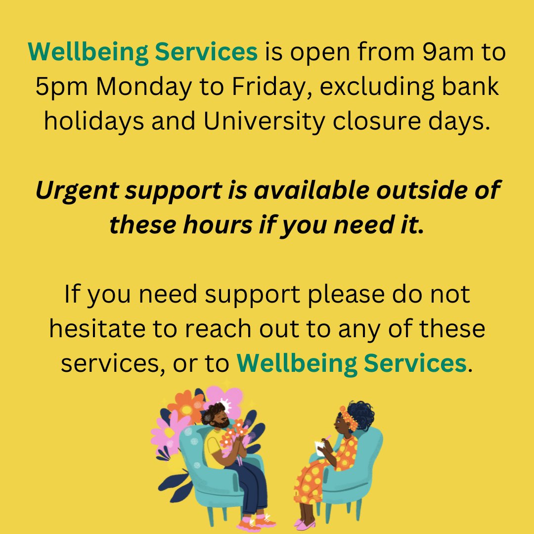 UoE Wellbeing (@uoewellbeing) on Twitter photo Urgent 24/7 support in Exeter:
π NHS Urgent Mental Health Line - 111
π RD&E Hospital - A&E
π Estate Patrol - 01392 722222
Out-of-hours support:
π The Moorings @ Devon - 07990 790 920
π§‘ <a href="/exeternightline/">Exeter Nightline</a>
Please call 999 in an immediate emergency.
#wellbeing
<a href="/ExeterGuild/">Exeter Guild</a> Urgent 24/7 support in Exeter:
π NHS Urgent Mental Health Line - 111
π RD&E Hospital - A&E
π Estate Patrol - 01392 722222
Out-of-hours support:
π The Moorings @ Devon - 07990 790 920
π§‘ <a href="/exeternightline/">Exeter Nightline</a>
Please call 999 in an immediate emergency.
#wellbeing
<a href="/ExeterGuild/">Exeter Guild</a>