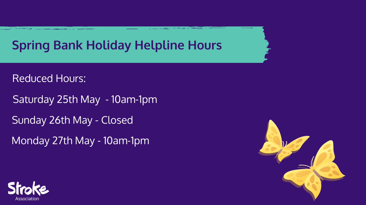 If you need to get in touch with us this #SpringBankHoliday, we’re here to listen. 

You can call us on 0303 3033 100 or email helpline@stroke.org.uk. 💜 

To find out more about what support we offer through our Helpline, visit our website: bit.ly/4bsyB27