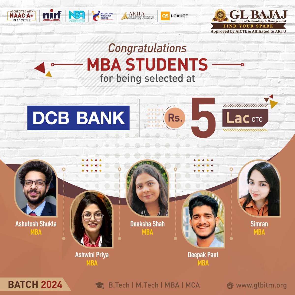 Brilliant Students of MBA, Batch 2024 of @GL Bajaj Institute of Technology & Management (GLBITM) have ensured an incredible placement at @DCB Bank Ltd.

#GLBajaj #GLBITM #Placement #campusplacement #jobs2024 #MBA #BEaGLBian #topMBAcollege #placement2024 #NAAC #NBA #NIRF