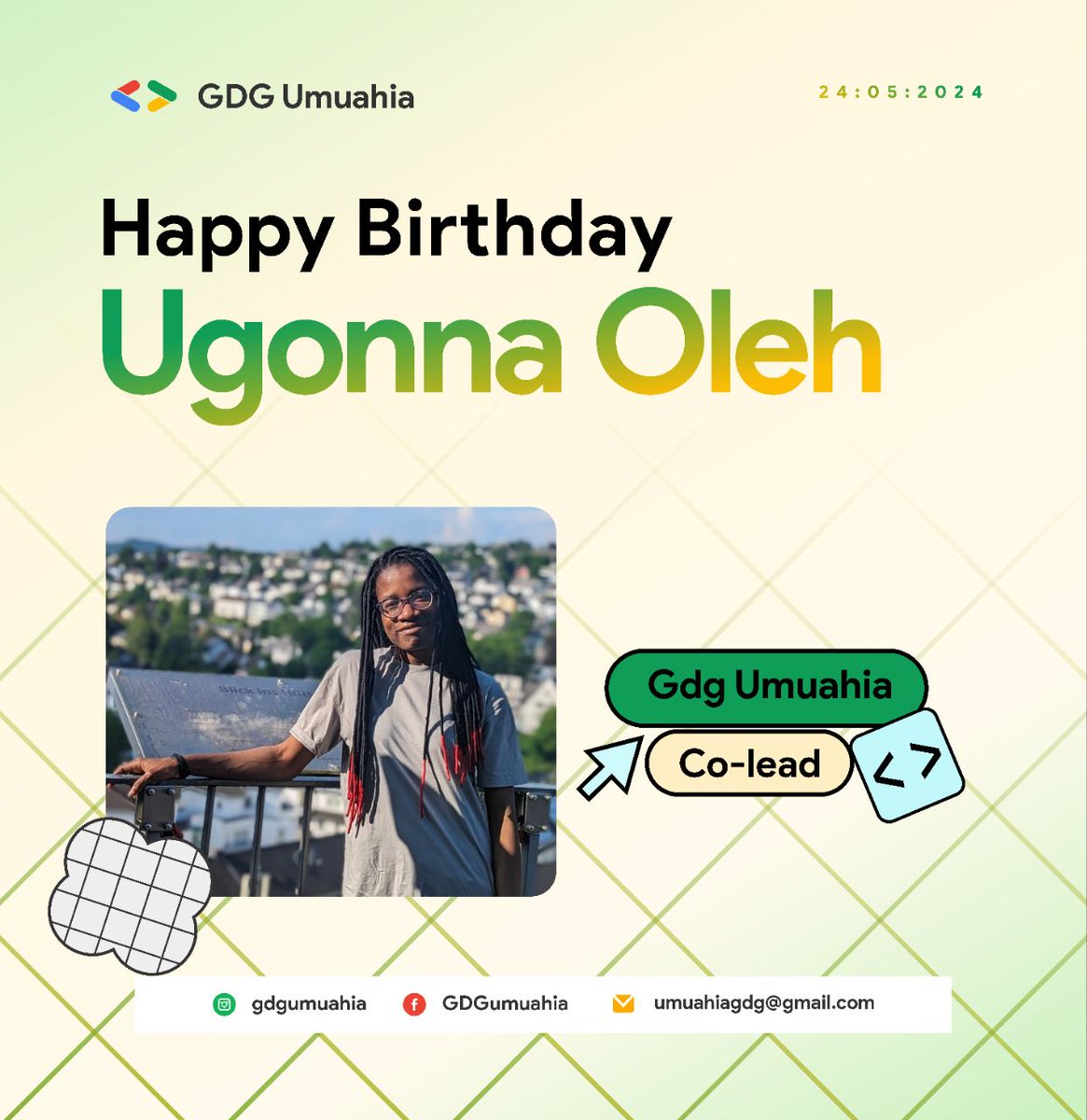 GDGUmuahia's tweet photo. Happy birthday to a quintessential Lead!🎉
Your exceptional leadership skills have brought about inclusion and development in the community and across.

All of us at GDG Umuahia deeply appreciate you and celebrate you on this special day. 
Cheers to more amazing years.🥂 https://t.co/i2ijoz1t4q