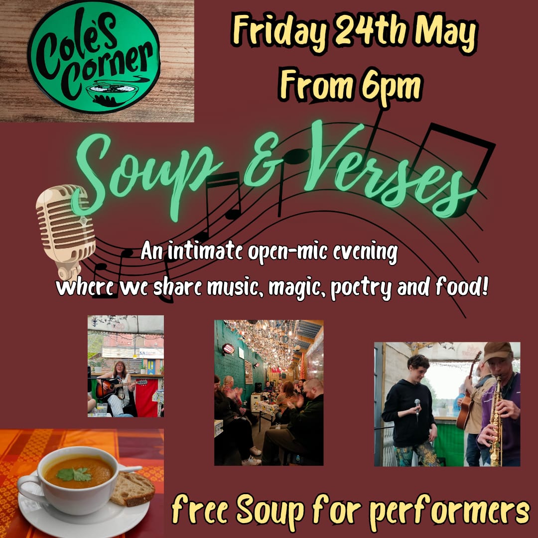 ColesCorner3's tweet photo. We are very excited to announce Unscene's Tom Souldeep and Doppa Davidson will be performing at Cole's Corner Soup &amp; Verse this evening from 6pm. 
Once we are full we are full.. get down early to avoid disappointment 🥳 https://t.co/NsPjqkJrgf