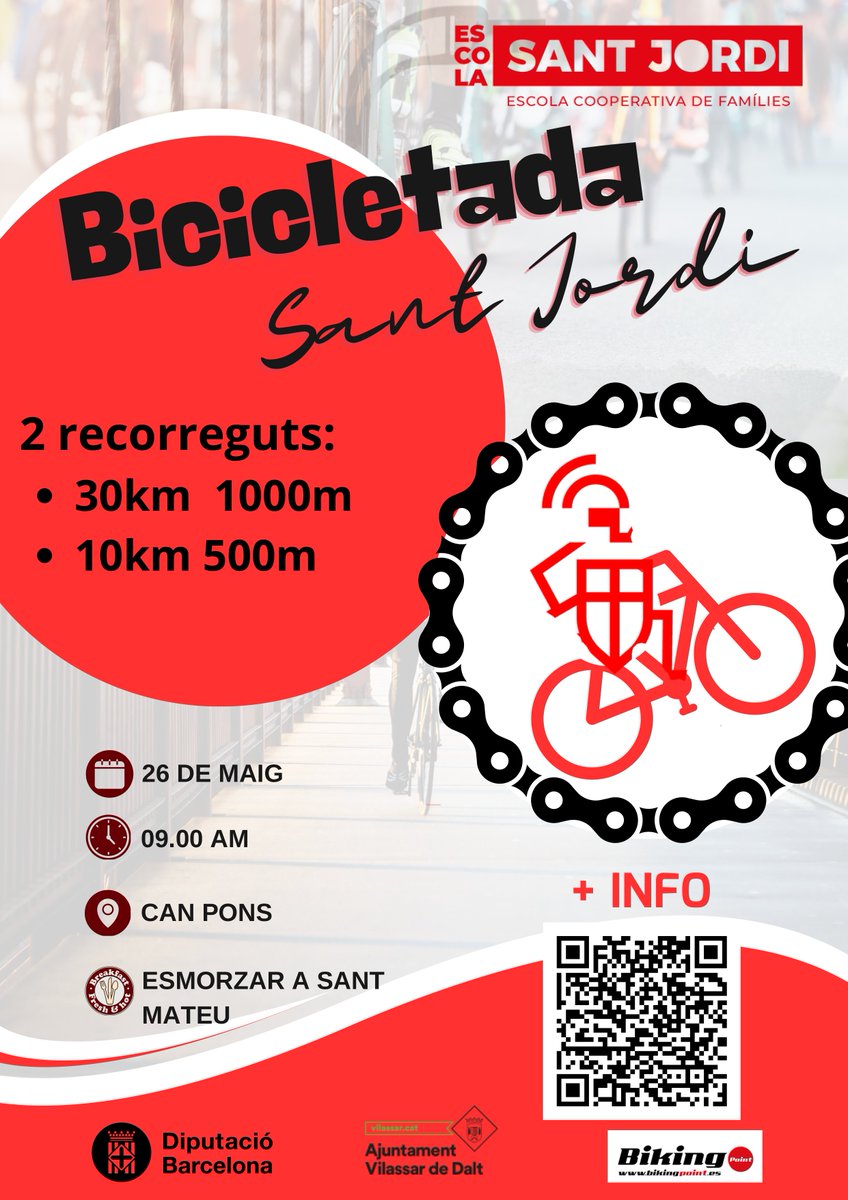 📅 AGENDA!
L' @IESANTJORDI organitza diumenge una bicicletada amb dos recorreguts de 10 i 30 km. La sortida serà a les 9 h i hi haurà esmorzar a Sant Mateu.

ℹ️ vilassar.cat/actualitat/age…