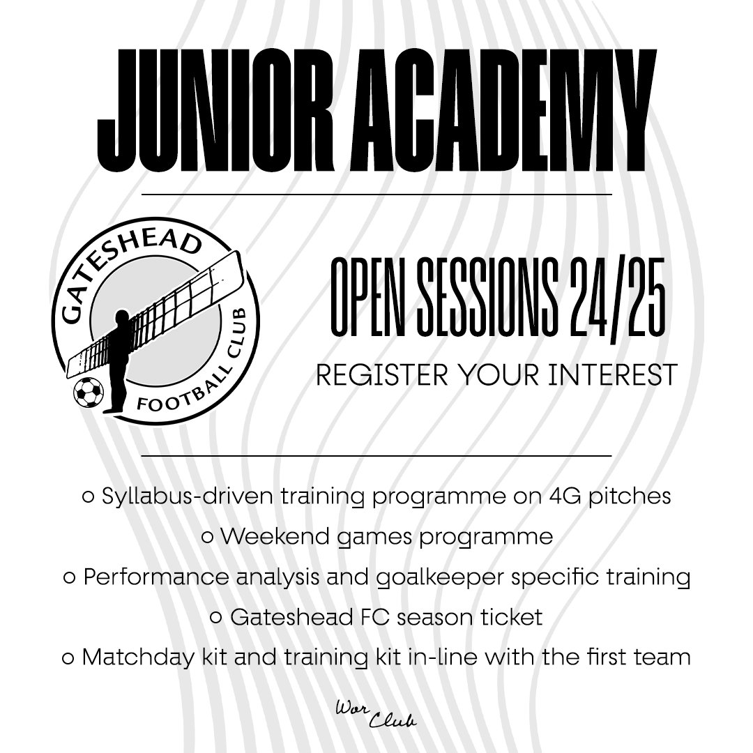 Our Junior Academy, in partnership with @gatesheadcoll, will be holding open sessions ahead of the 2024/25 season! 🚨 Find out more and register your interest by clicking the link underneath. ⚽️👇 🔗gateshead-fc.com/junior-academy… #WorClub ⚪️⚫️