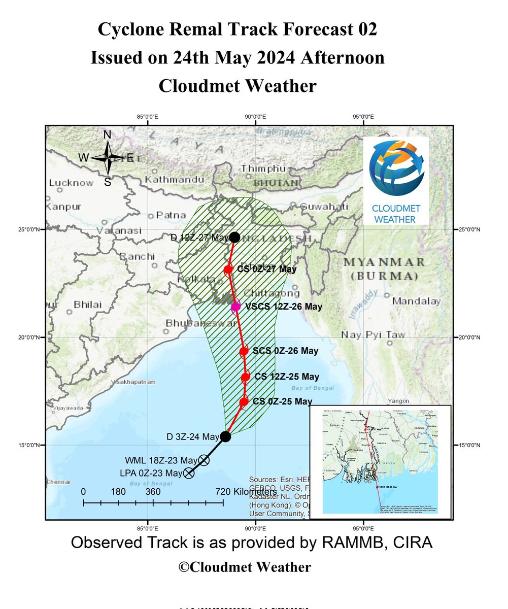 ♦️ Cyclone Remal Track Forecast 02: 24th May Afternoon Landfall most likely over West Bengal-Bangladesh coasts between 26-27 May 2024 as a Severe Cyclonic Storm, chances are also there for its intensification into a VSCS before landfall. Be Updated and Be Alert. #Cyclone