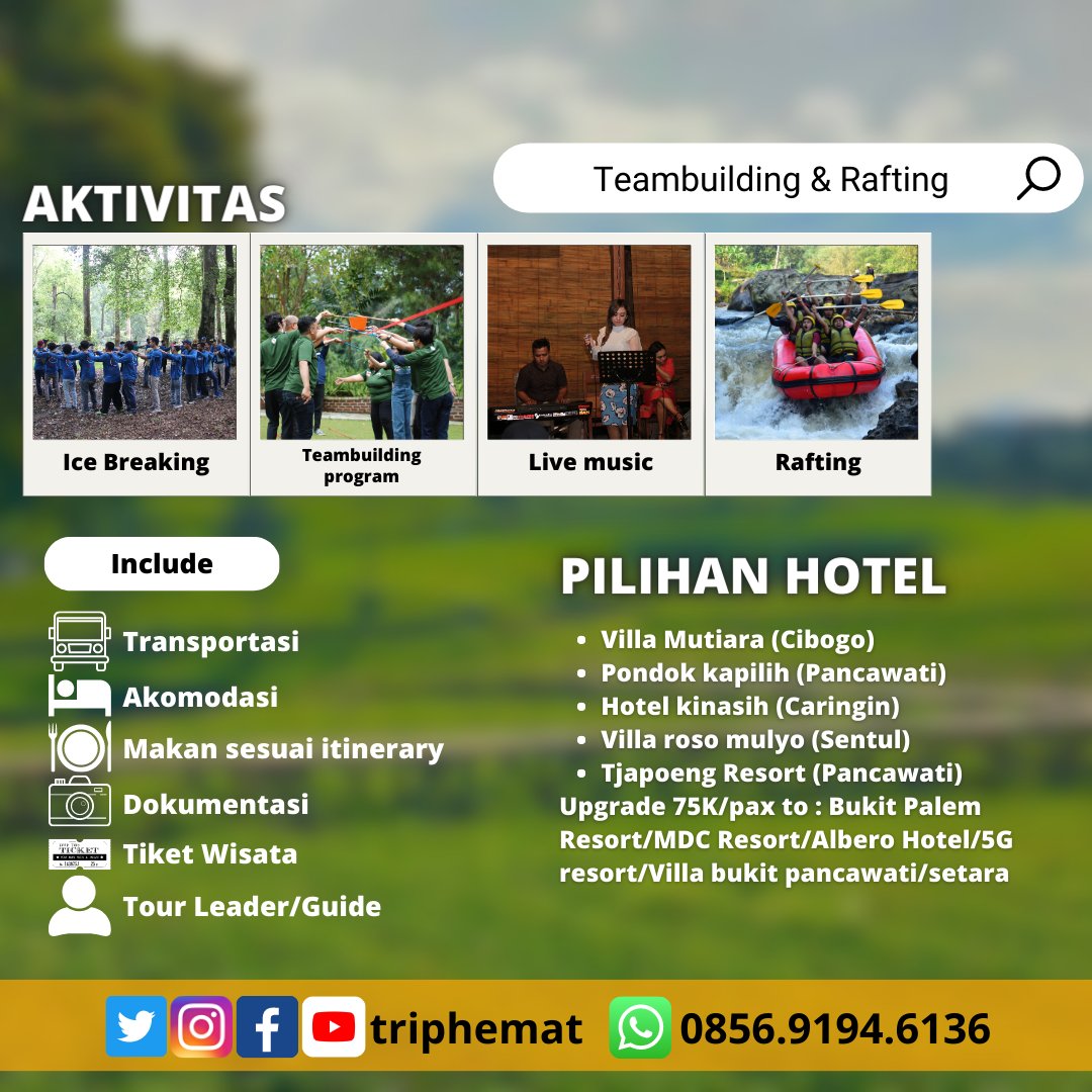 Paket Gathering Bogor & extra activity Rafting. Start from 1.050K/pax start jakarta, yuk ajak tim kantor kalian gathering bareng @triphemat Info reservasi klik linktr.ee/triphemat #triphemat #gatheringJKT #gatheringbogor #rafting