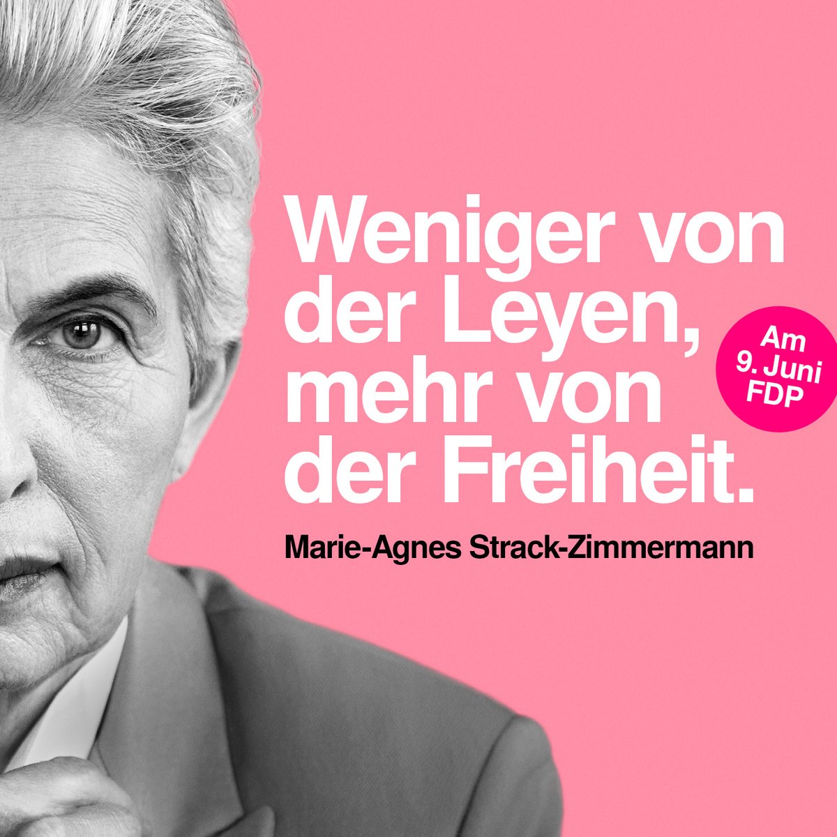 fdp's tweet photo. Wir wollen ein #Europa mit mehr Wirtschaftswachstum und weniger Bürokratie, setzen auf mehr Selbstbestimmung und weniger Bevormundung. „Weniger von der Leyen, mehr von der Freiheit“ – dafür steht @MAStrackZi und wir Freie Demokraten. Deshalb: am 9. Juni FDP! 🇪🇺💛 https://t.co/G2h4u04GO3